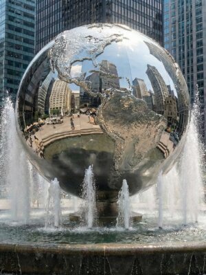 Visionary Earth: Large Mirror-Polished Stainless Steel Globe Fountain Sculpture